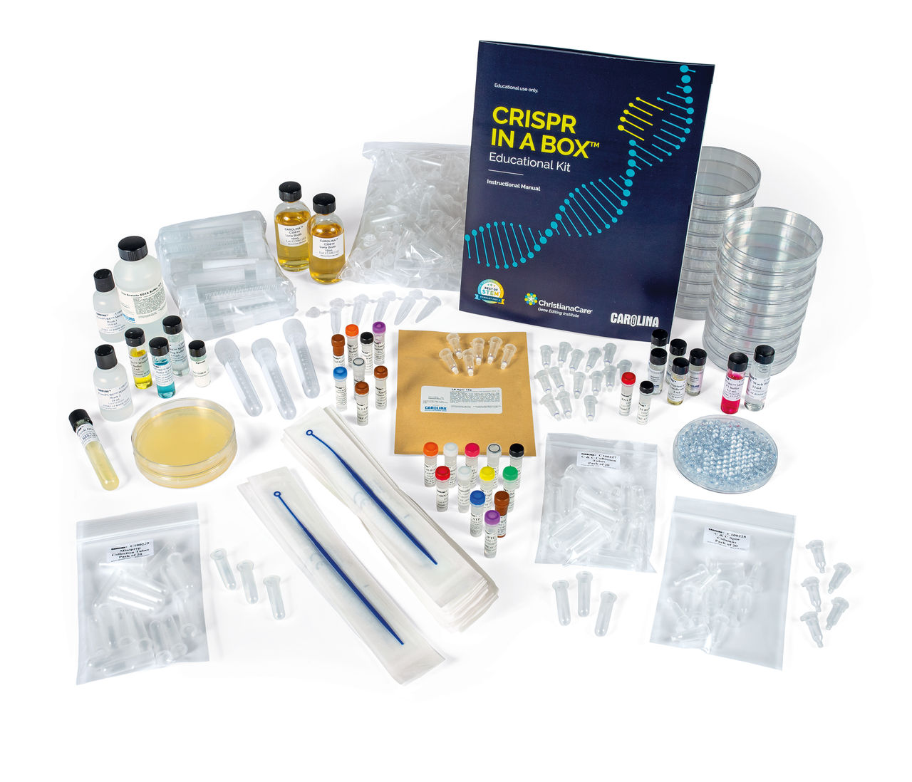 Reagents and manual for CRISPR in a Box educational toolkit.